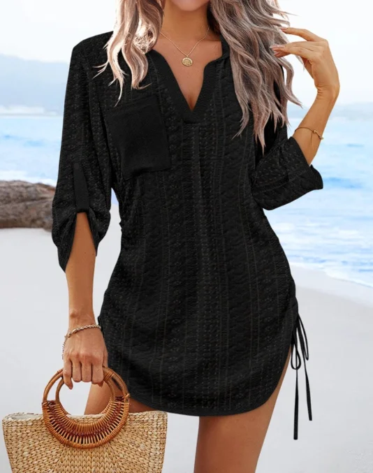 

Summer Dress Woman 2025 Temperament Commuting Summer New Fashion V-Neck Solid Hollow Out Loose Side Drawstring Dress for Women
