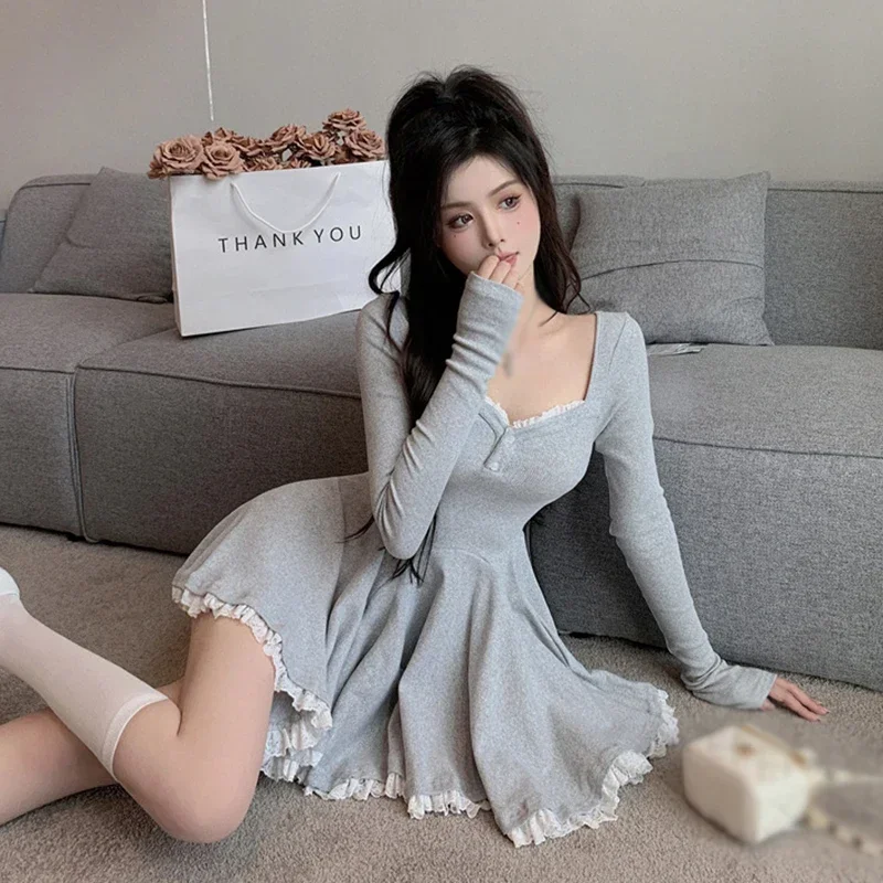 

2024 New Sexy Korean Dress French Style Waist Closed Long Sleeve Collarbone Exposed Sweet