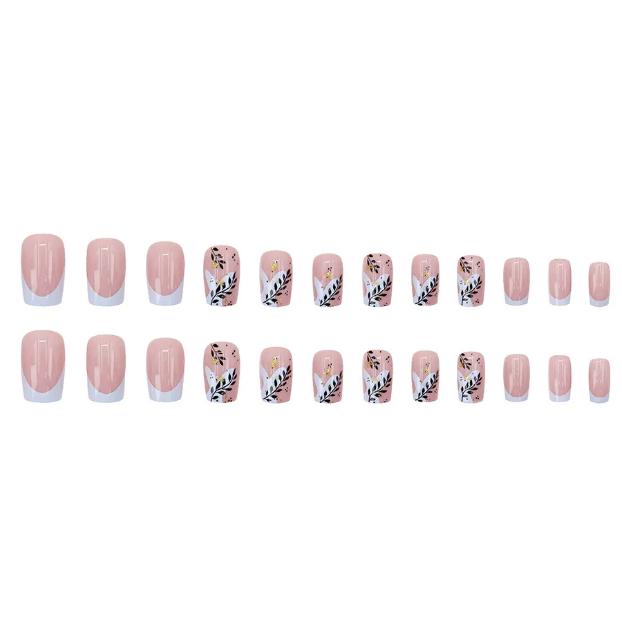 24pcs French Gold Sparkling Powder Press on Nails Black Leaves Simple Short Nails Full Cover Wearable False Nails