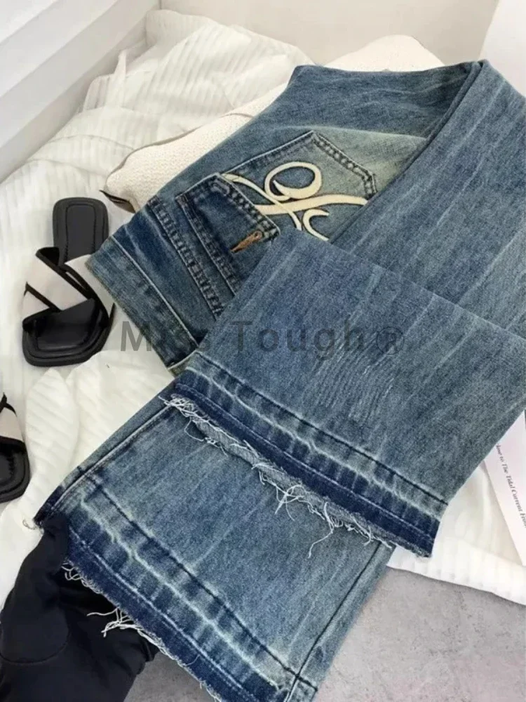 American Retro Low Waisted Jeans Female Spring New Embroidery Old Casual Fashion Slim Pants Korean Elegant Bell Long Pants 2025