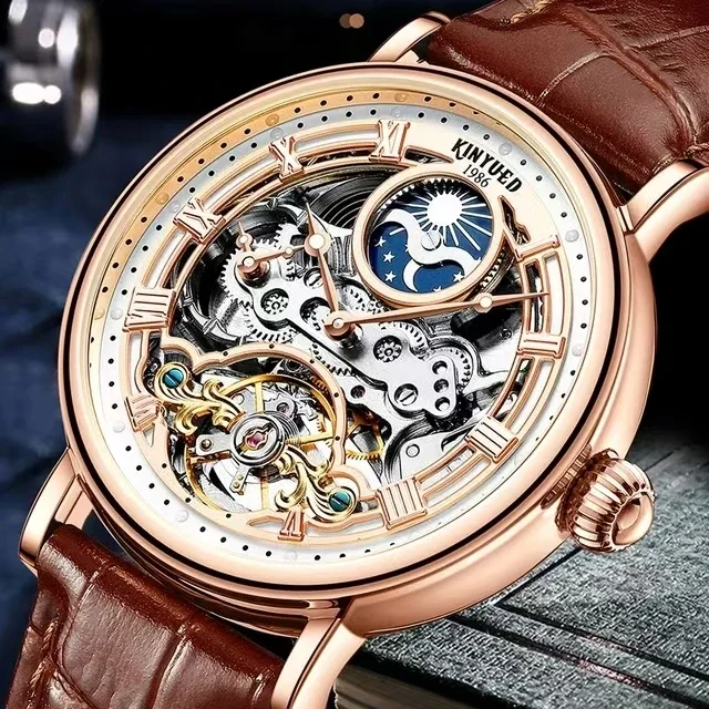 KINYUED J055 Moon Phase Mens Automatic Mechanical Watch Waterproof Dual Time Zone Display Casual Wristatches Man Clock Relogio