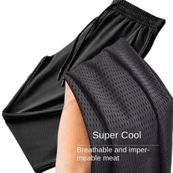 Men's Summer Ice Silk Pants Mesh Breathable Casual Thin Quick Dry Pants Loose Elastic Beam Feet Sports Fitness Pants