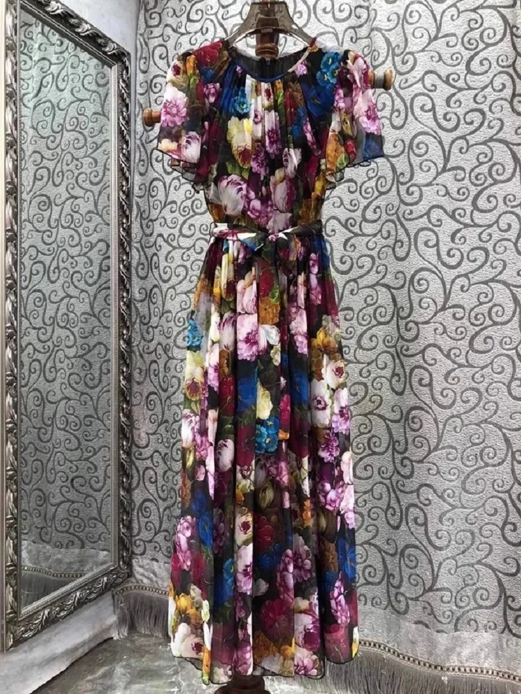 

Top Quality Silk Dress 2024 Summer Fashion Women Elegant Floral Print Belted Short Sleeve Mid-Calf Length A-Line Dress Gorgeous