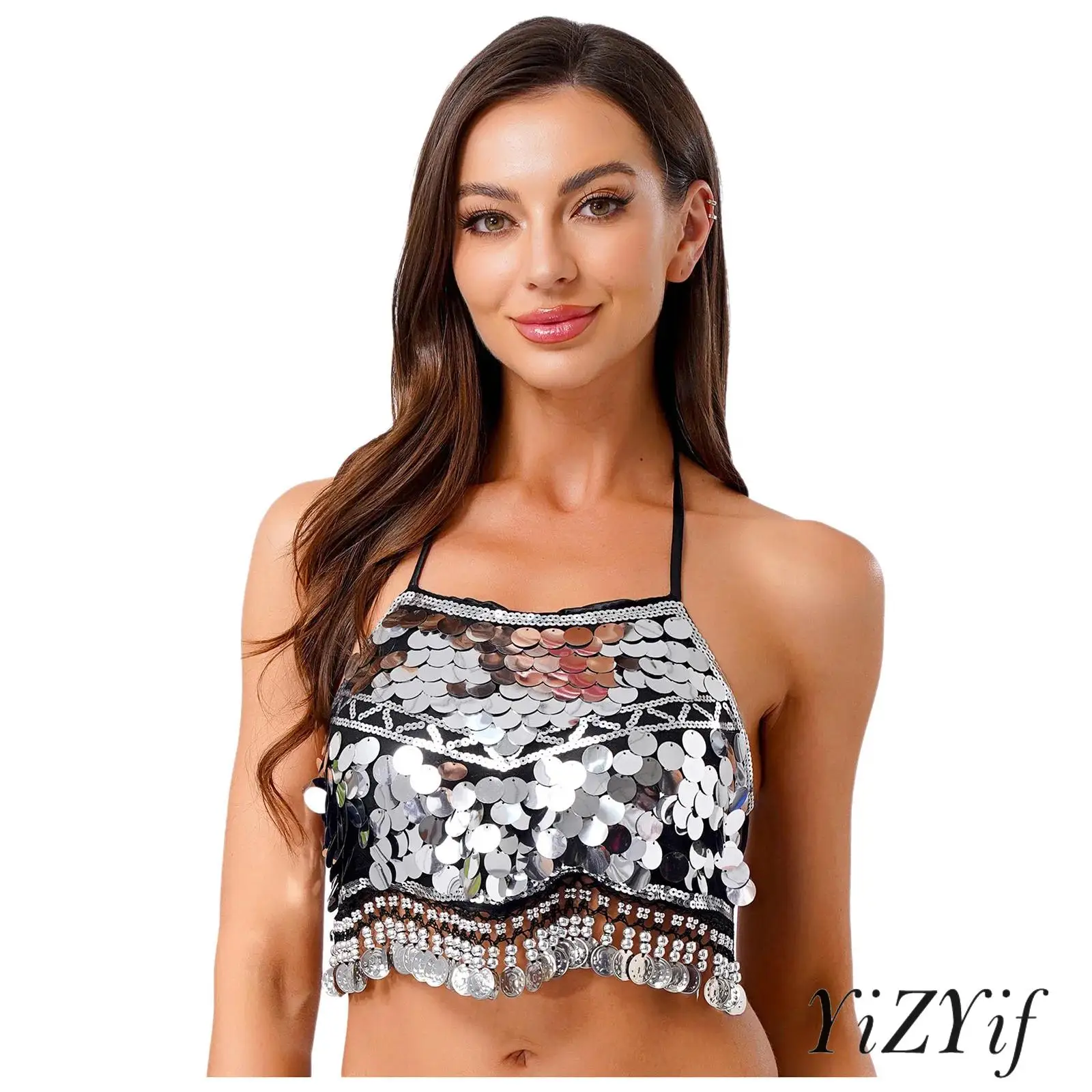 

Womens Belly Dance Top Halter Backless Sequin Fringe Bra Top for Folk Dance Class Performance Sparkly Lyrical Dance Costume