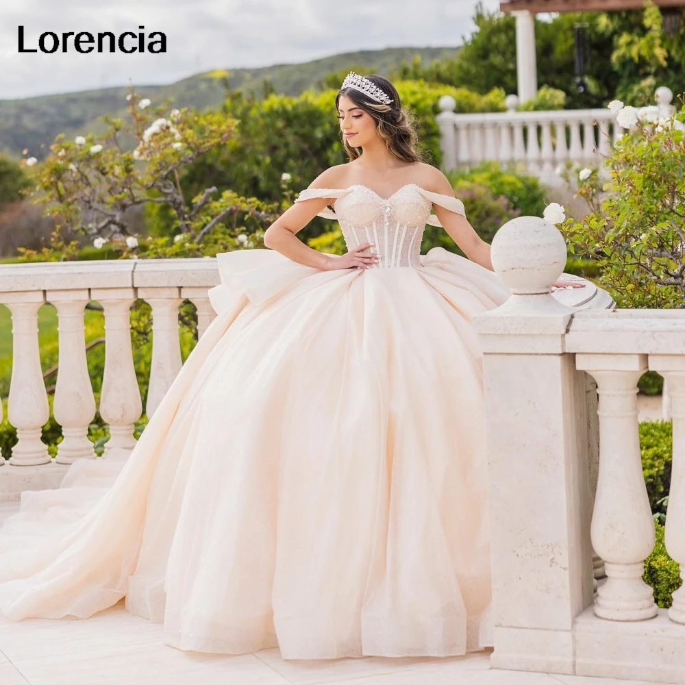 Lorencia Glitter Champagne Quinceanera Dress Ball Gown Shiny Applique Beading Tiered Corset Sweet 16 Vestidos De 15 Años YQD946