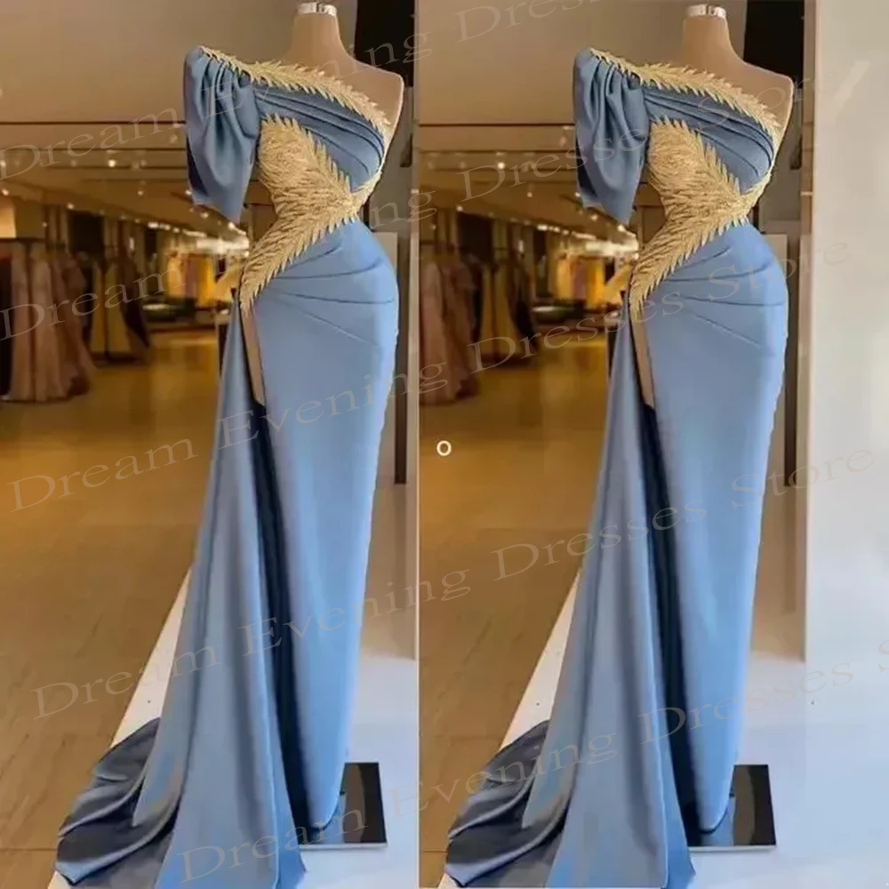 Graceful Mermaid Customized Evening Dresses One-Shoulder Short Puff Sleeve Prom Gowns With Charming Side Split Robes De Soirée