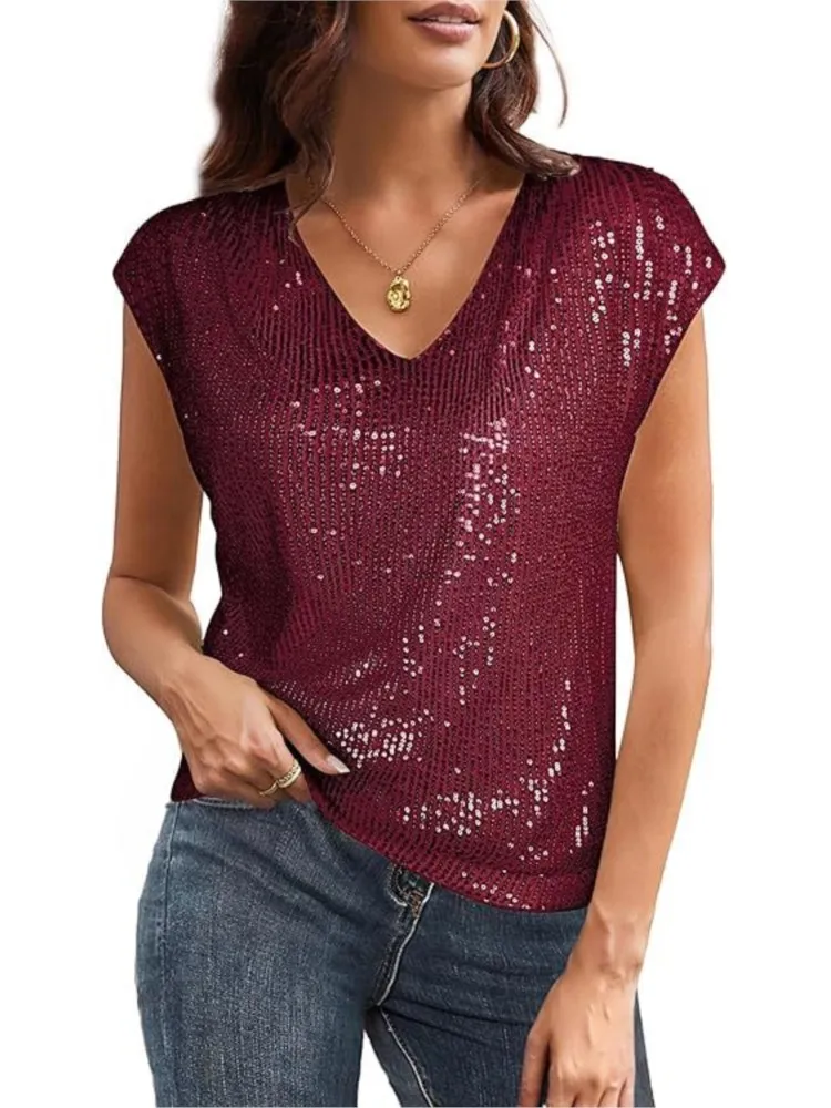 2025 Camiseta con cuello en V y lentejuelas brillantes para mujer, camiseta informal hasta la manga, comercio transfronterizo, blusas elegantes verano mujer