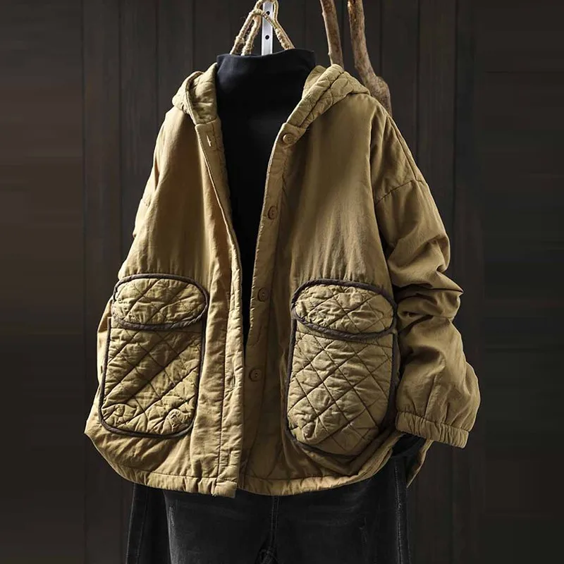 

High Quality Women Casual Padded Jackets New 2024 Autumn Vintage Style Big Pockets Loose Female Quilted Hooded Coats M113