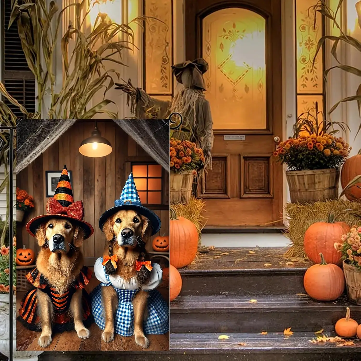 BlissYard Halloween Fall Garden Flag 12x18 Inch Welcome Golden Retriever Dog Outdoor Flag Double Sided Spooky Yard Banner wi WWP