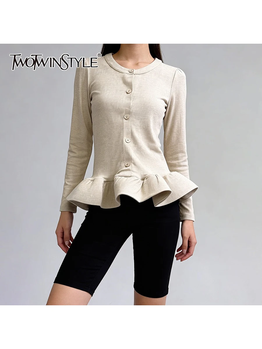 

TWOTWINSTYLE Solid Slimming Spliced Single Breasted T Shirts for Women O Neck Long Sleeves Patchwork Ruffles T Shirt Female New