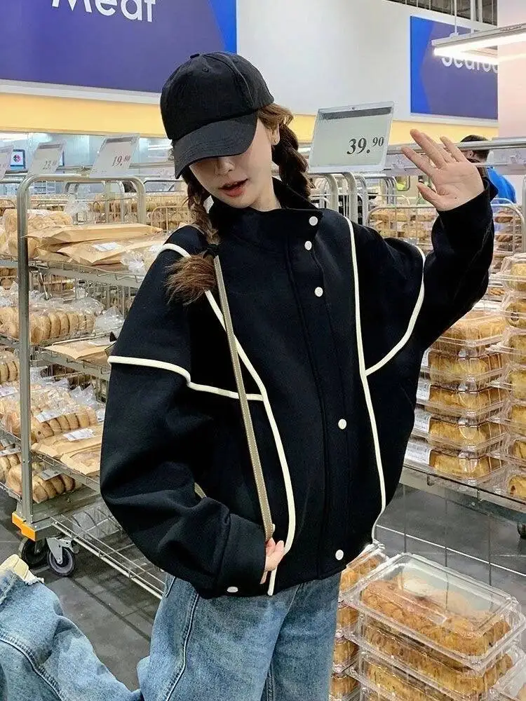 

Women's Black Loose Baseball Jacket 2025 Spring Autumn New Arrival Korean Style Casual Outerwear With Contrast Stripes