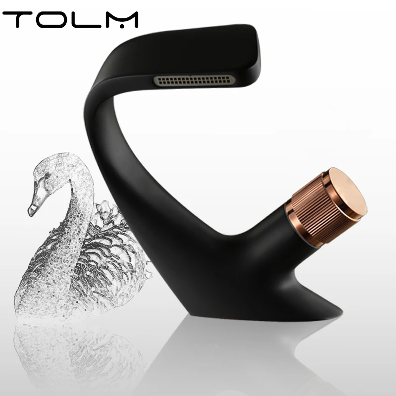 

TOLM Black Basin Faucet Waterfall Modern Brass Bathroom Faucet Deck Installation Simple Hot and Cold Water Mixer Faucet