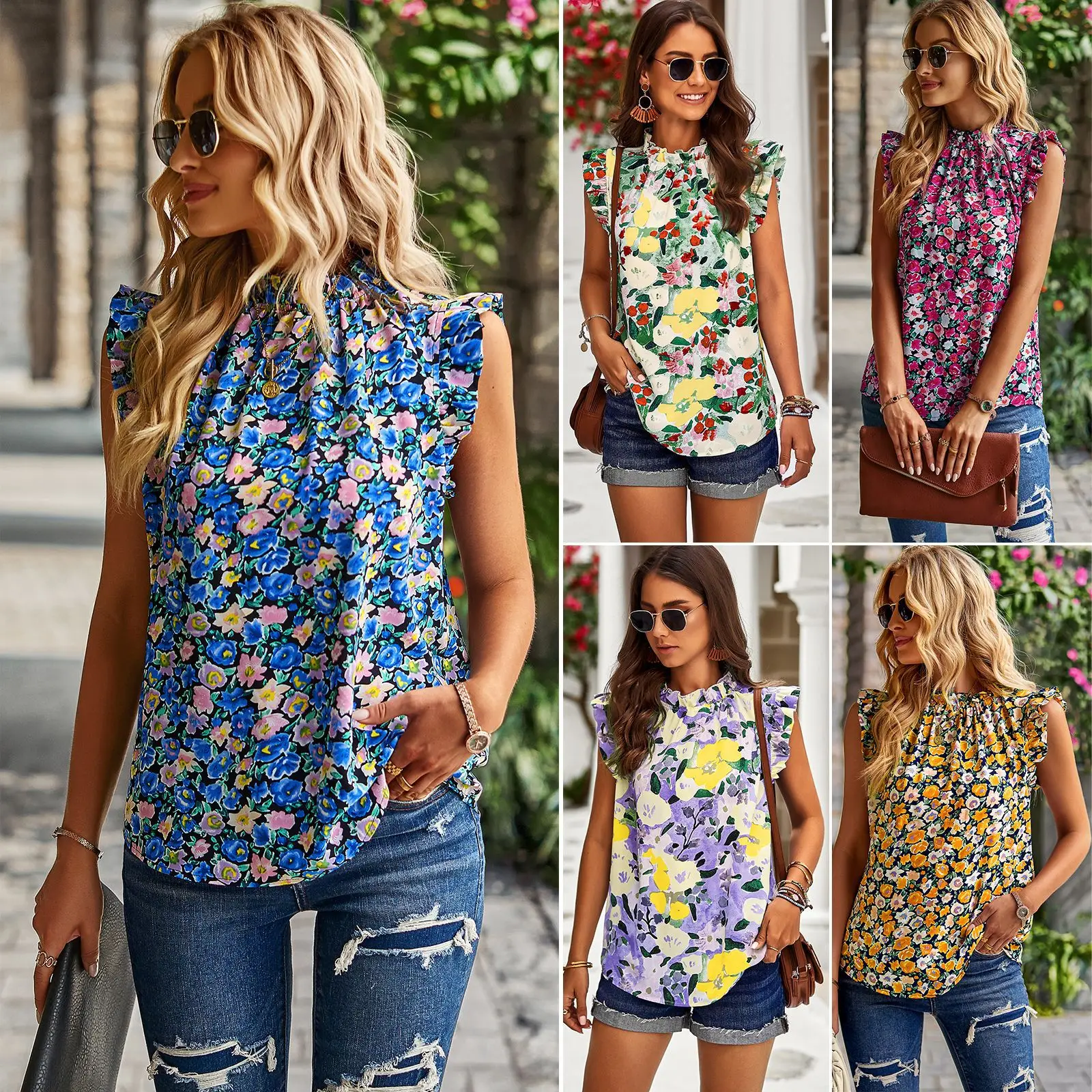

Independently Developed Cross-border Hot-selling Women's Clothing Loose Casual Top Spring And Summer Sleeveless Floral Shirt