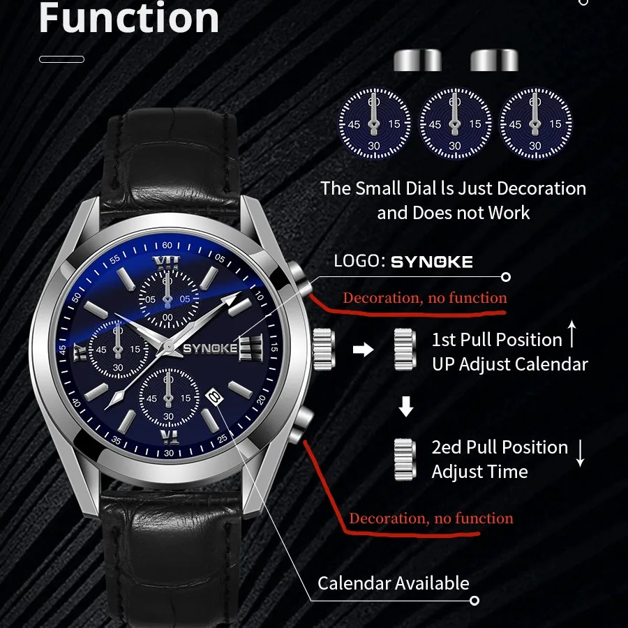 SYNOKE Fashion Business Men Leisure Non-Mechanical Belt Alloy Men Watch Night Glow Waterproof Calendar Quartz Watch