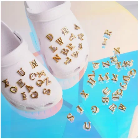 2Pcs Shoe Charms Flat Gold Letters Charms Fits Clog Sandals Decoration For Women DIY Hole Shoes Accessories Buckle