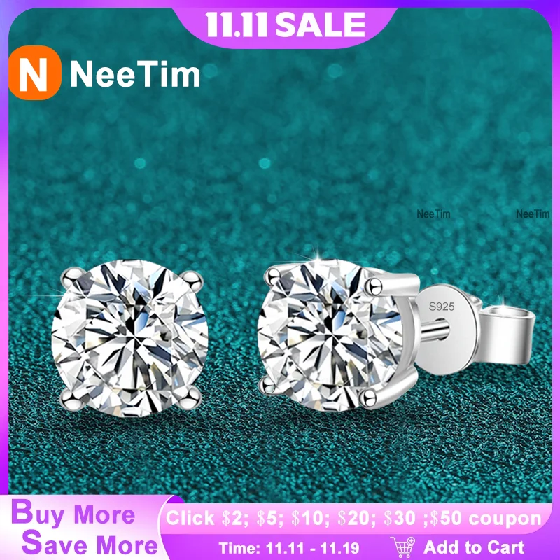 

NeeTim 0.1ct-5ct D Moissanite Stud Earrings Lab Diamond 925 Sterling Silver with White Gold Plated Wedding Jewelry for Women Man