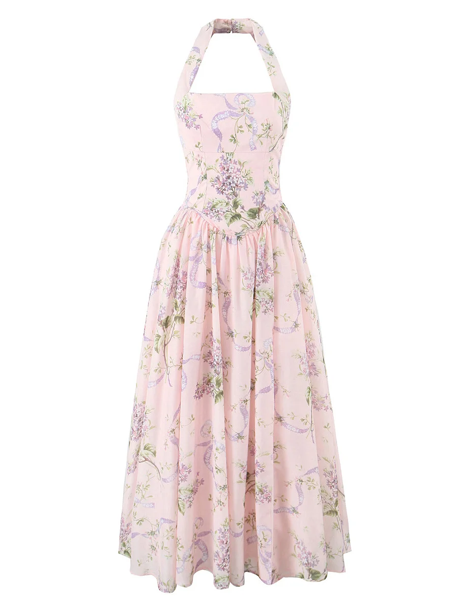 Retro adelgazante estampado Floral ter Dr falda larga dividida para mujer que se pega la cintura vacaciones Sle Ele cintura alta Maxi Dr
