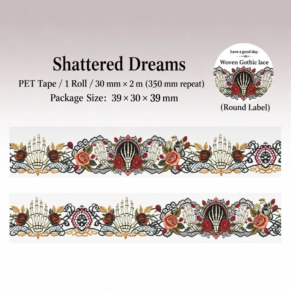 Retro 30mm x 2m Gothic Skeleton Tape Flower Lace Pattern PET Decorative Tape Spider Web Print Washi Tape Collage Junk Journal