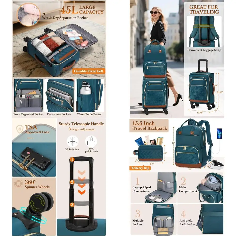 

3-Piece Softside Luggage Set: 22x14x9 Carry-On Suitcase with Wheels & TSA Lock for Travel