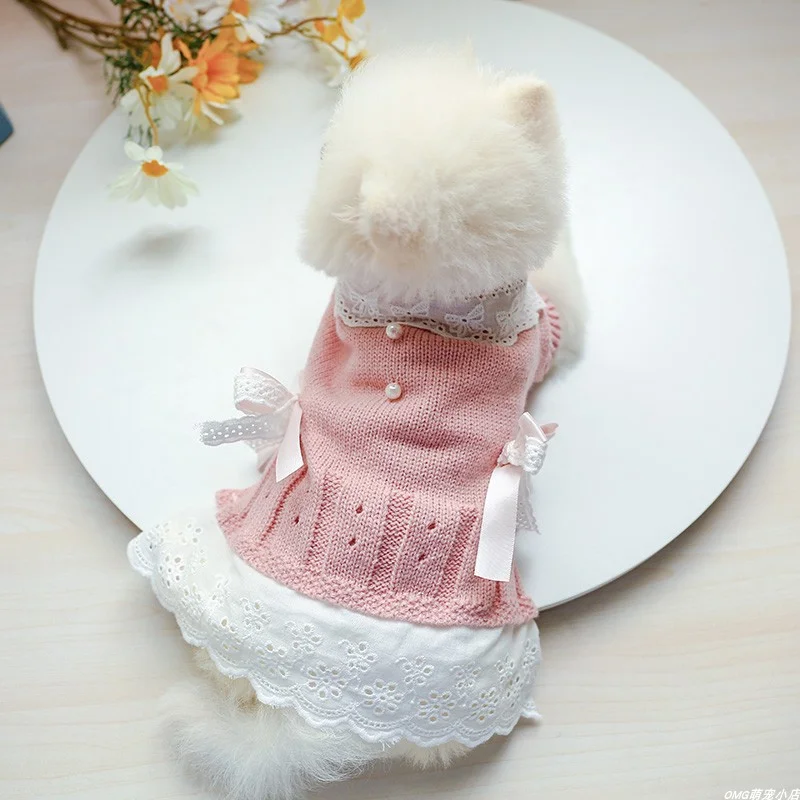 1PC Pet Clothing Dog Cat Autumn/Winter Pink Lady Knitted Skirt Suitable for Small and Medium sized Dogs