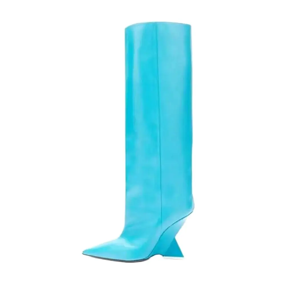 Arden furtado 2024 preto joelho botas altas para mulher dedo do pé apontado bezerro largo pull-on cunhas salto alto azul branco elegante botas bronzeadas