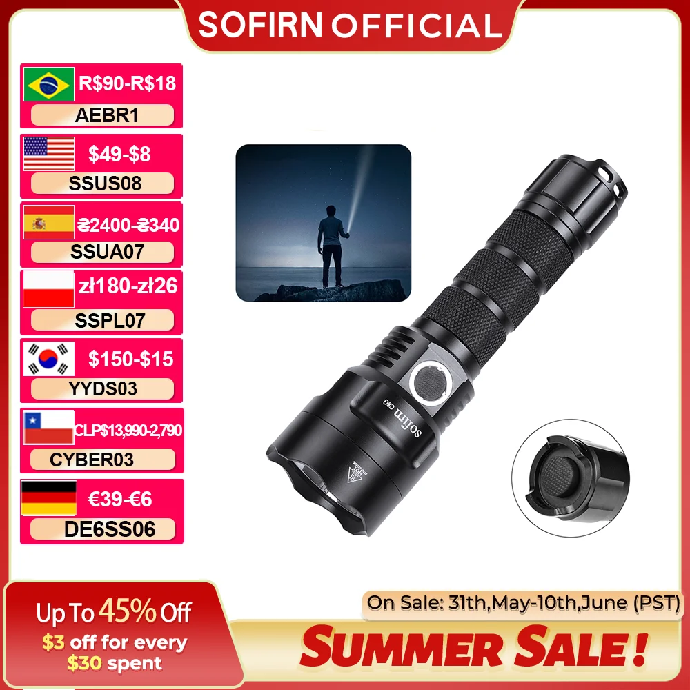Sofirn C8G Potente torcia tattica 21700 LED SST40 2000lm 18650 Torcia a batteria di ricarica con indicatore di rampa ATR 2 gruppi