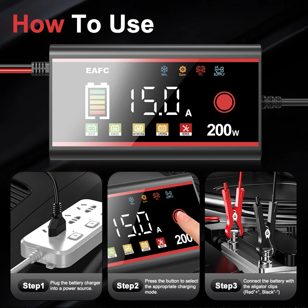 EAFC Große Leistung 200 W 100 W Batterie Ladegerät 12 V/24 V Auto Batterie Ladegerät Smart Pulse Reparatur für Auto LiFePO4 AGM GEL NASS Blei Säure
