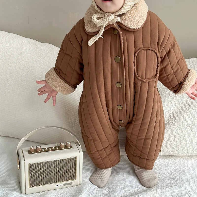 Double-sided Toddler Winter Jumpsuits Baby Girl Boy Clothes Cotton Lamb Wool Infant Romper Kids Outfit Cotton-padded Baby Onesie