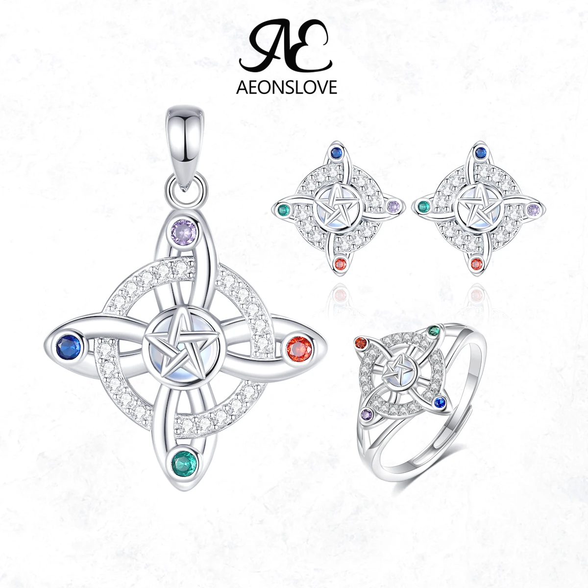 AEONSLOVE Juego de Joyas de Plata de Ley 925 para Mujer, Collar con Nudo de Bruja, Pendientes, Anillo, Amuleto de Protección Celta, Regalo Espiritual