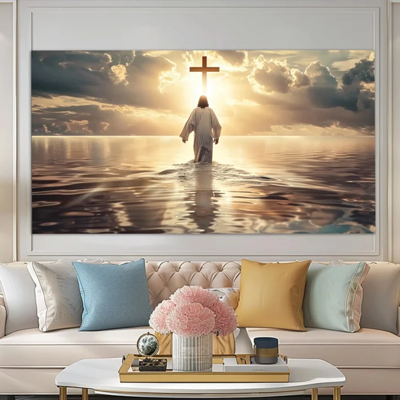 Watercolor Jesus Christ Walking on Water Religious Seascape Poster Canvas Painting Wall Art Pictures Home Room Decor Gift