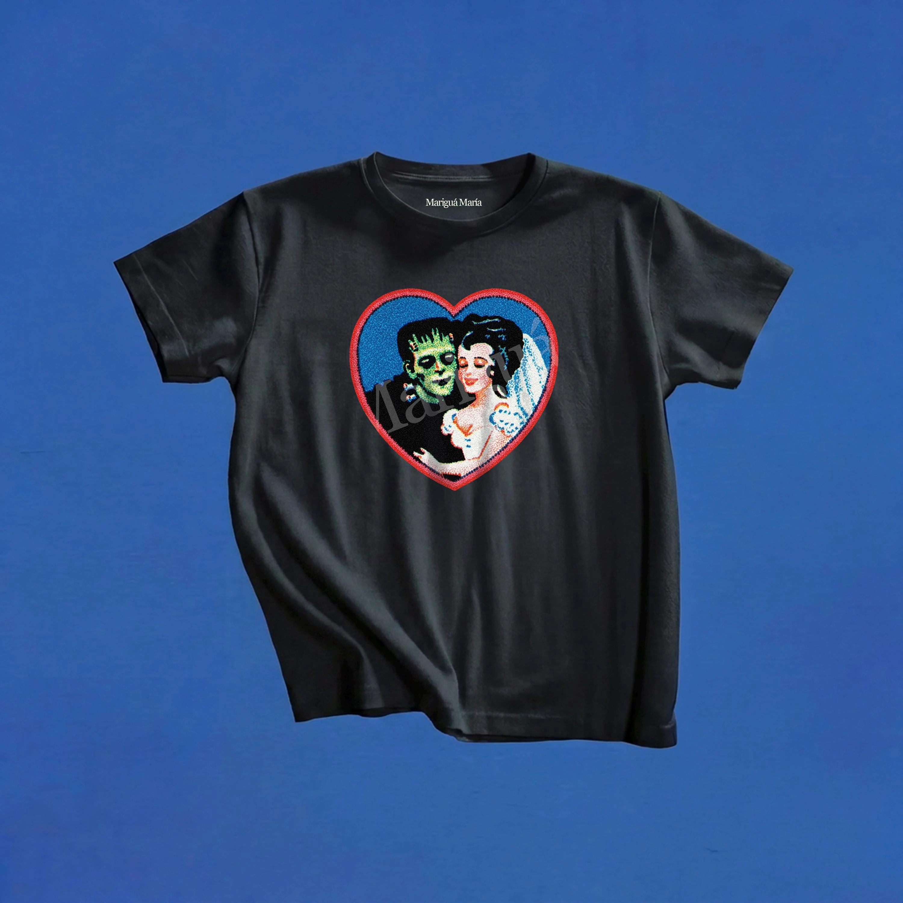 Retro Frankenstein Monster Couple Heart Graphic Tee, Vintage Horror Baby Top