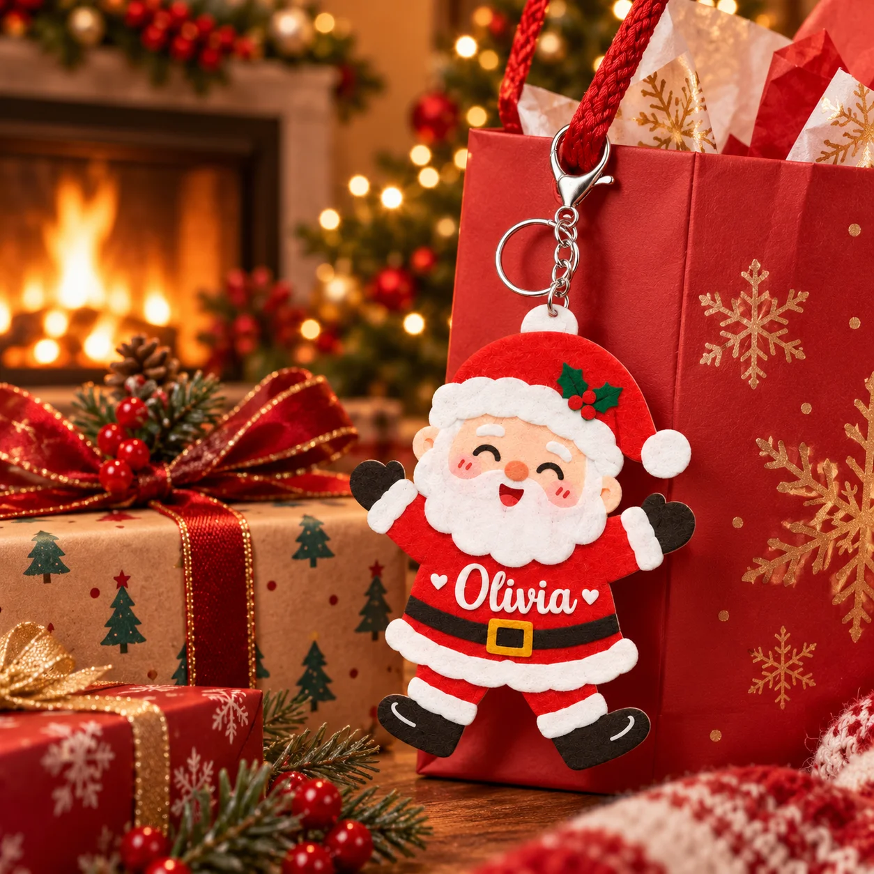 1PC Christmas Santa Plush Keychain Personalized Name Custom Holiday Bag Charm Soft Doll Key Ring Christmas Gift for Kids