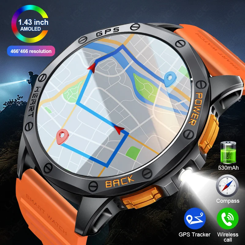 

LIGE GPS Смарт-часы для мужчин 466*466 AMOLED экран сердечного ритма Bluetooth вызов IP68 водонепроницаемый компас фонарик мужские умные часы 2025