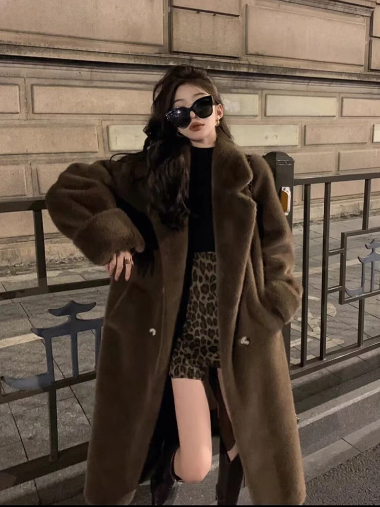 Autumn Winter Thick Long Imitation Jacket Coat Mink Fur Coat for Women Lapel Collar Plush Shearling Protection Faux Fur Jacket