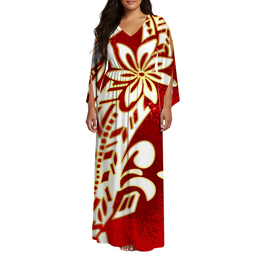 

2026 Summer New Floral Print Design Customized Dress Pattern Polynesian Wholesale V-Neck A-Line Sleeveless Casual Long Dress