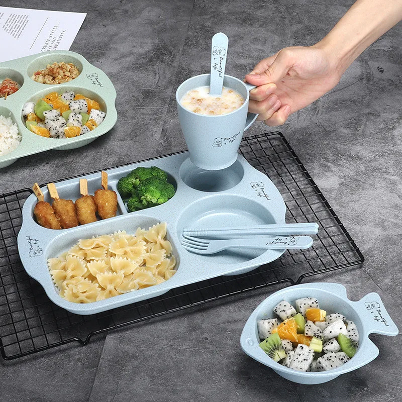 4 PCS/6PCS/children\'s cutlery set, anti-drop wheat partition plate, suitable for toddlers, children and adults