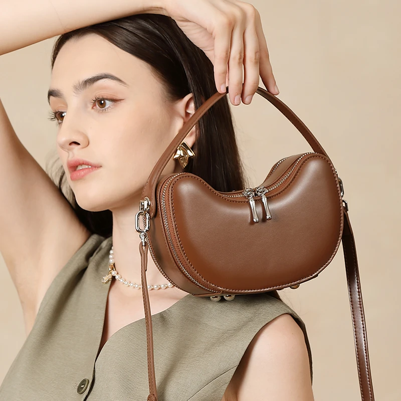 

Burminsa Smooth Genuine Leather Crescent Small Crossbody Bags For Women 2025 Luxury Designer Top Handle Shoulder Ladies Handbags