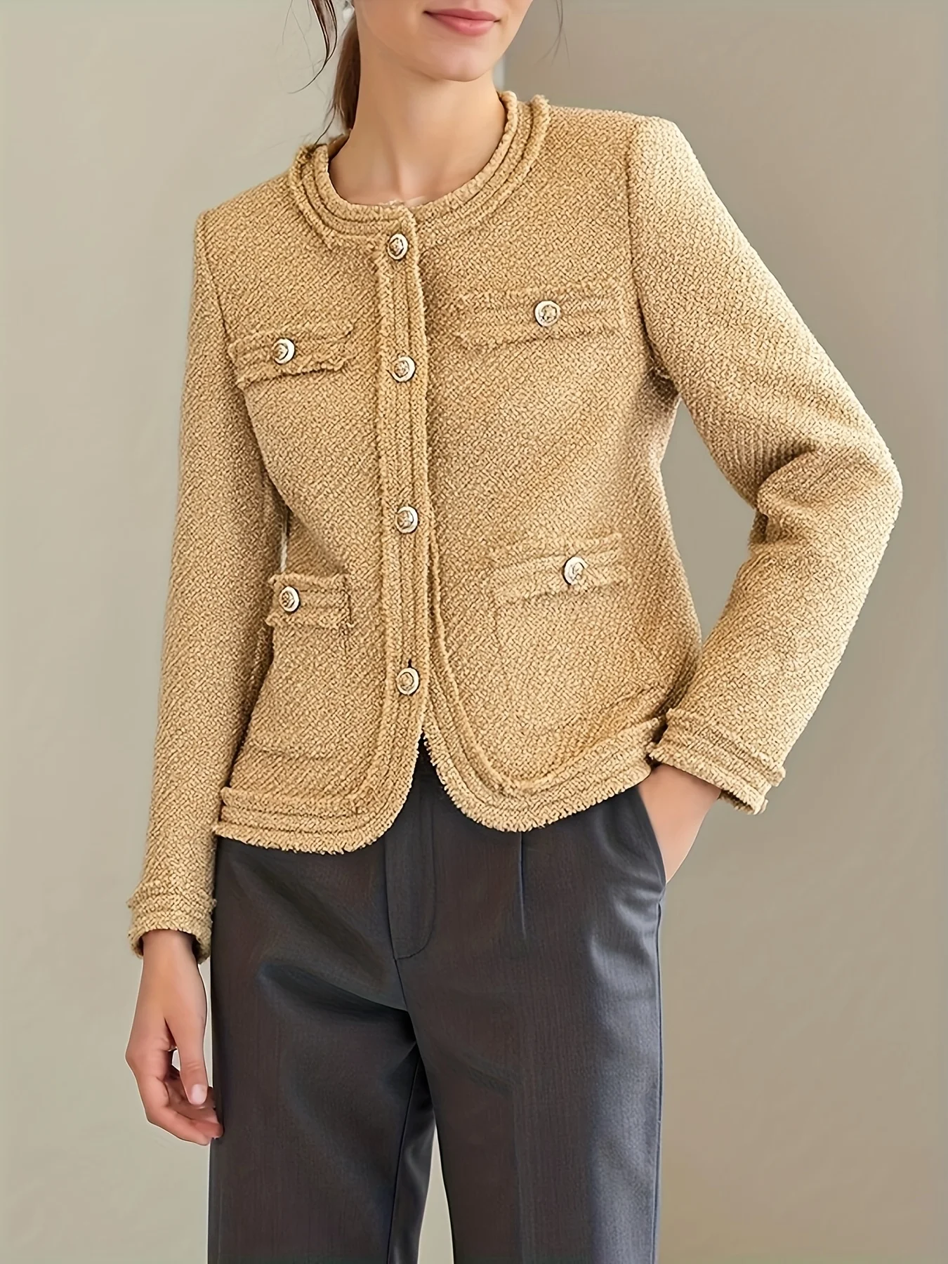 

Elegant Women Camel Tweed Blazer O-Neck Gold Buttons Long Sleeve Casual Short Jacket 25161