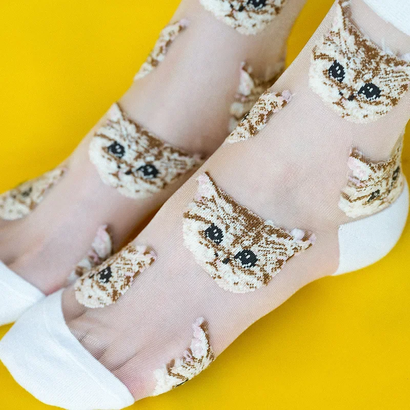 Women Transparent Cute Cat Socks Korean Fashion Ladies Summer Thin Crystal Silk Socks JapaneseTrendy Kawaii Glass Fiber Socks