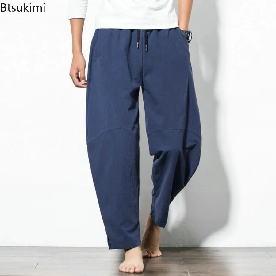 New Men's Chinese Style Cotton Linen Harem Pants Spring Summer Vintage Casual Hip Hop Baggy Trousers Male Wide Leg Joggers Pants