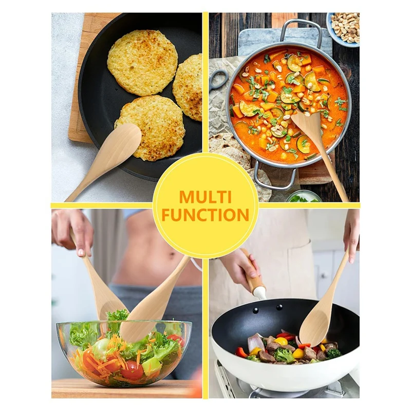 Cucchiai di legno da 6 pezzi per cucinare, cucchiai con manico lungo da 12 pollici per mescolare, mescolare alimenti, grandi utensili da cucina in legno