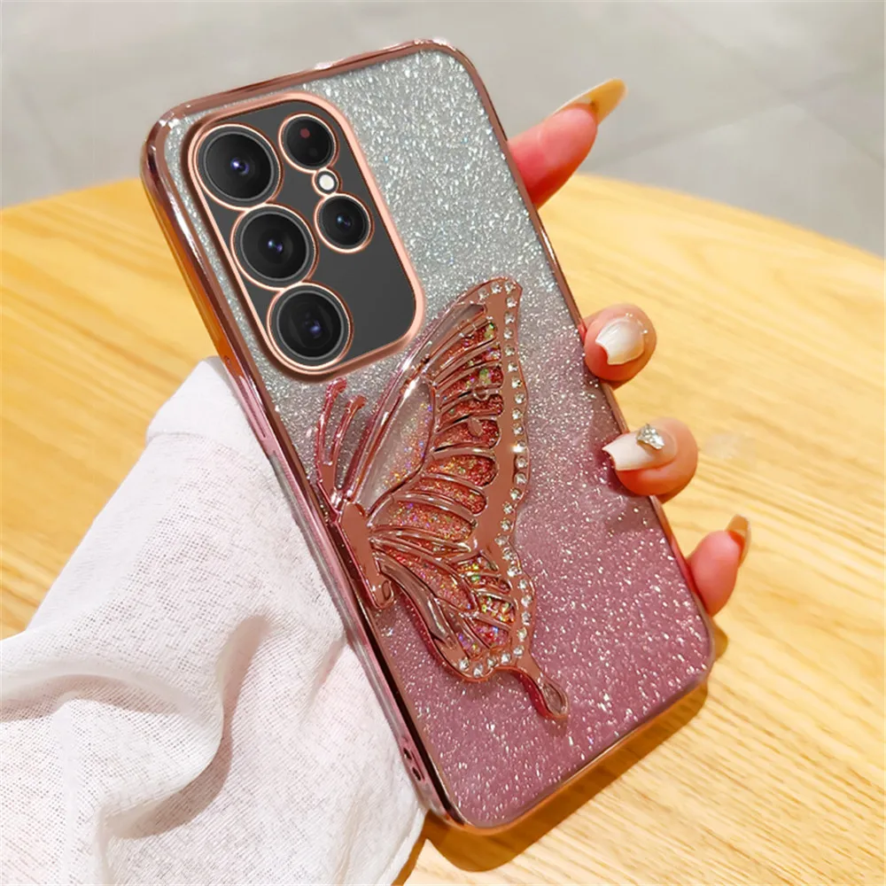 3D Cartoon Butterfly Quicksand Phone Case For Samsung Galaxy S24 Ultra S23 FE S22 S21 S20 S10 Plus Note 20 Plating Glitter Cover