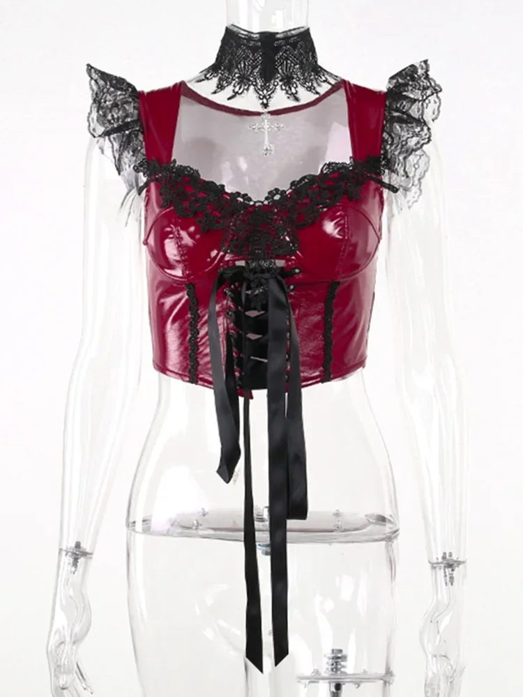 InsDoit Goth Summer PU Dark Lace Top Hollow Out Women Punk Grunge Sleeveless Mesh Sexy Choke Crop Top Streetwear Aesthetic Tank