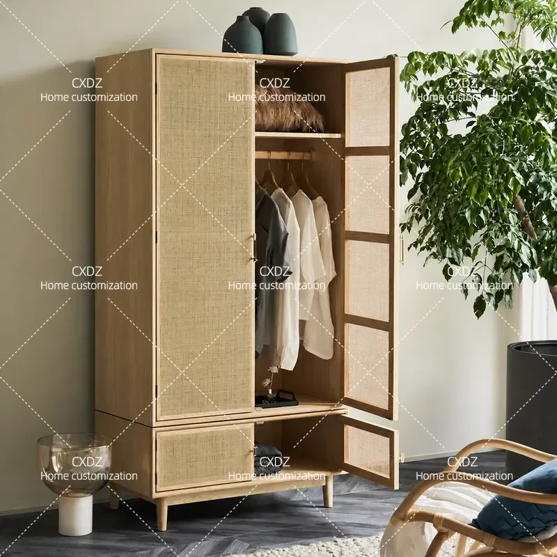 Nordic Sliding Door Wardrobe Simple Modern Solid Wood Rattan Storage Cabinet for Small Apartment Home Organization