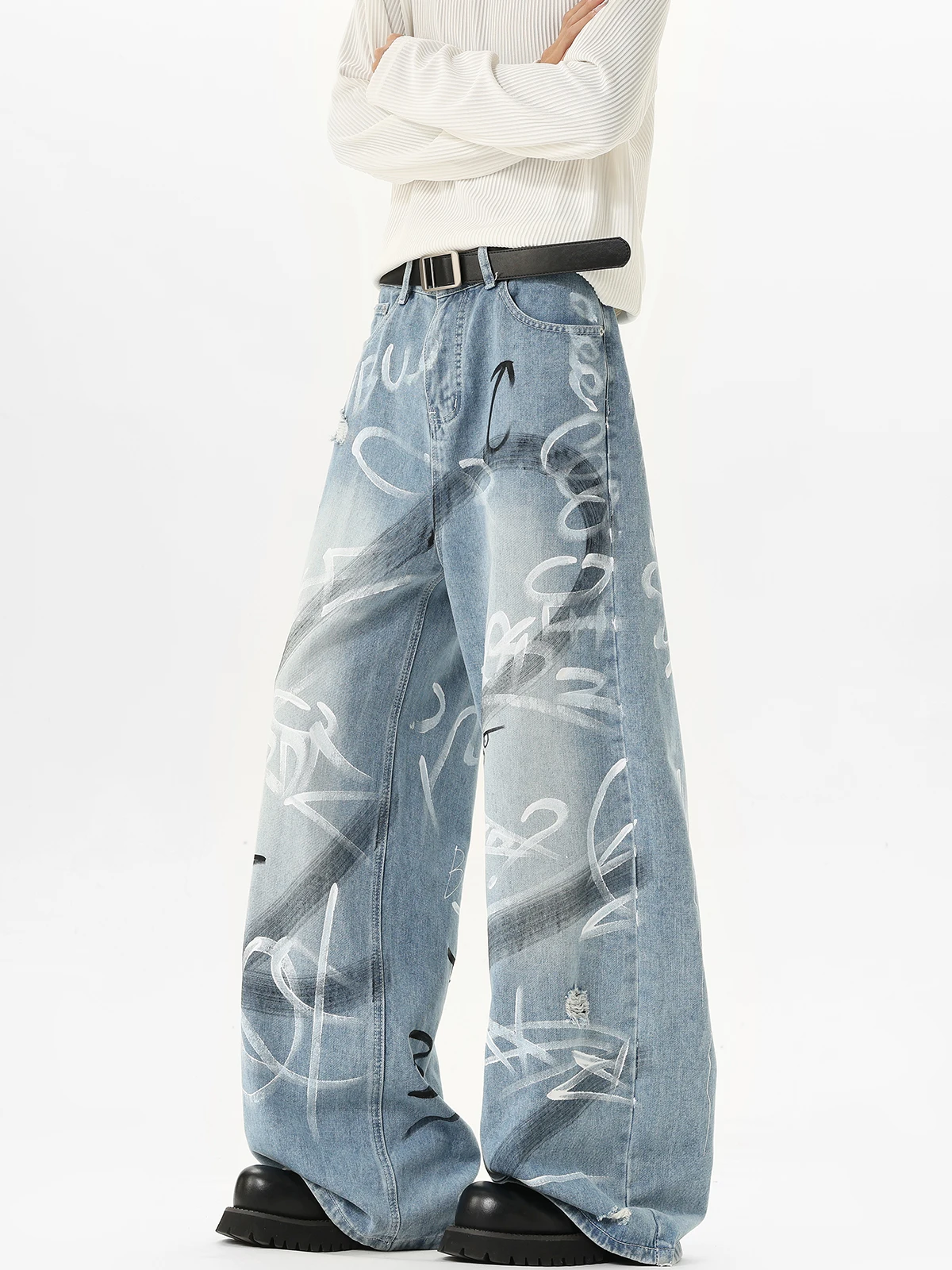 Calças Jeans Estilo Americano com ite, Calças Flare de Rua Hiphop, Design Emaecido, Calças de Perna Larga para Homens e...