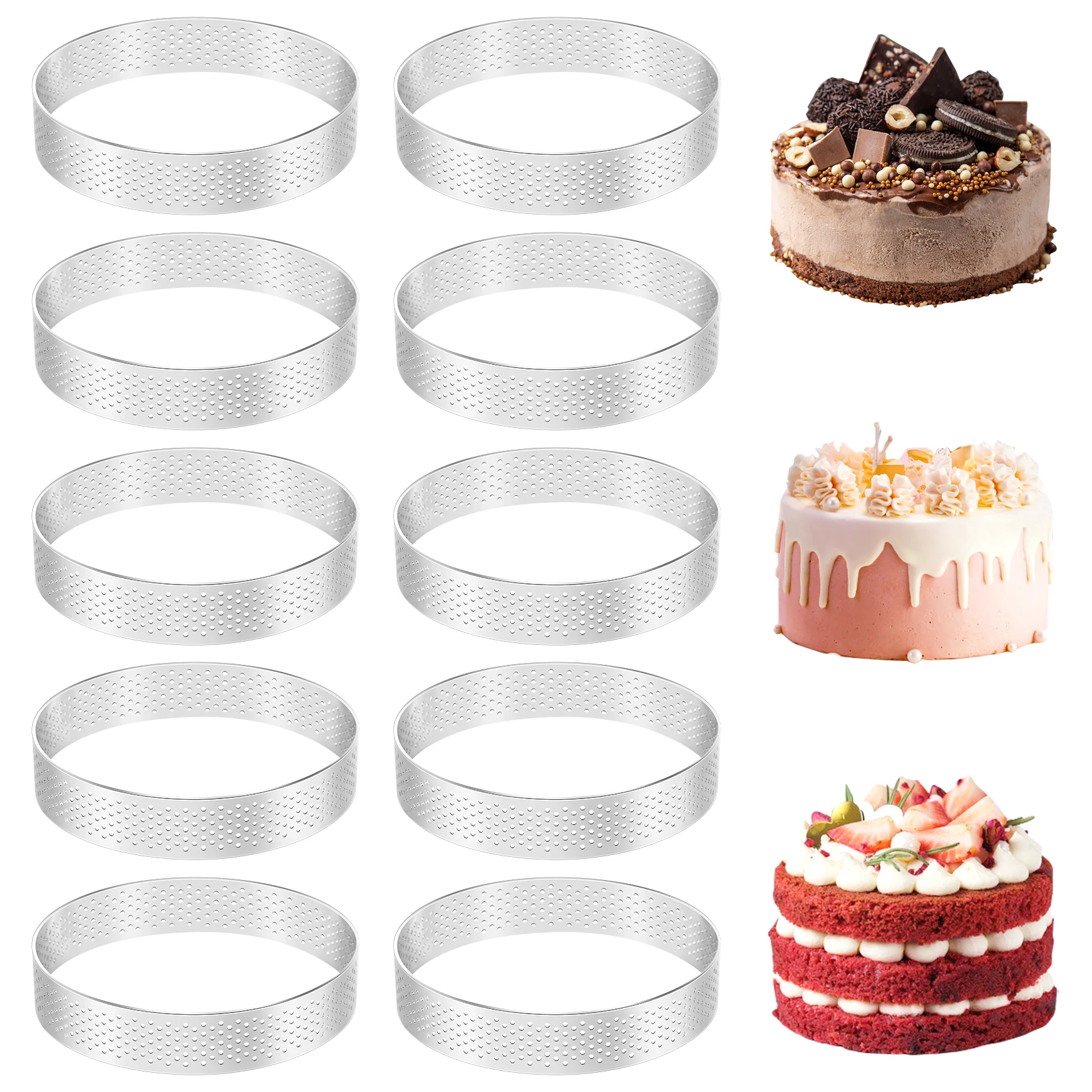 

10Pcs Circular Tart Rings with Holes Stainless Steel Fruit Pie Quiches Cake Mousse Mold Kitchen Baking Mould 10cm