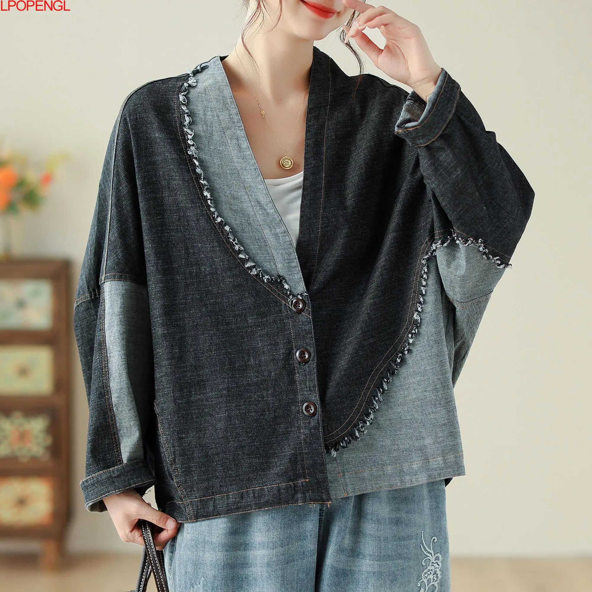 Single Breasted Denim Jacket Women\'s New Autumn Personality Literary Vintage Contrast Patchwork Oversized Top Streetwear Coat