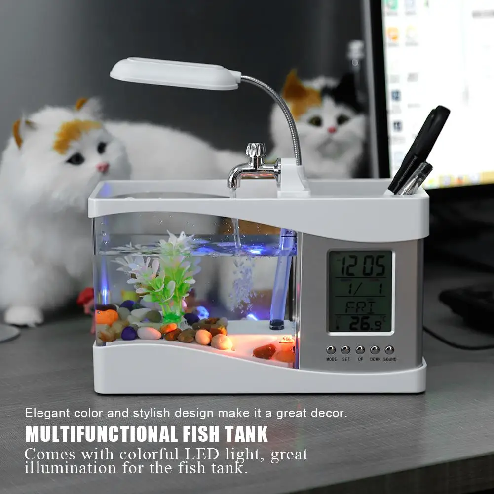 USB Rechargeable Mini Fish Tank with LED Light & LCD Clock - Multifunctional Desktop Aquarium Supplies