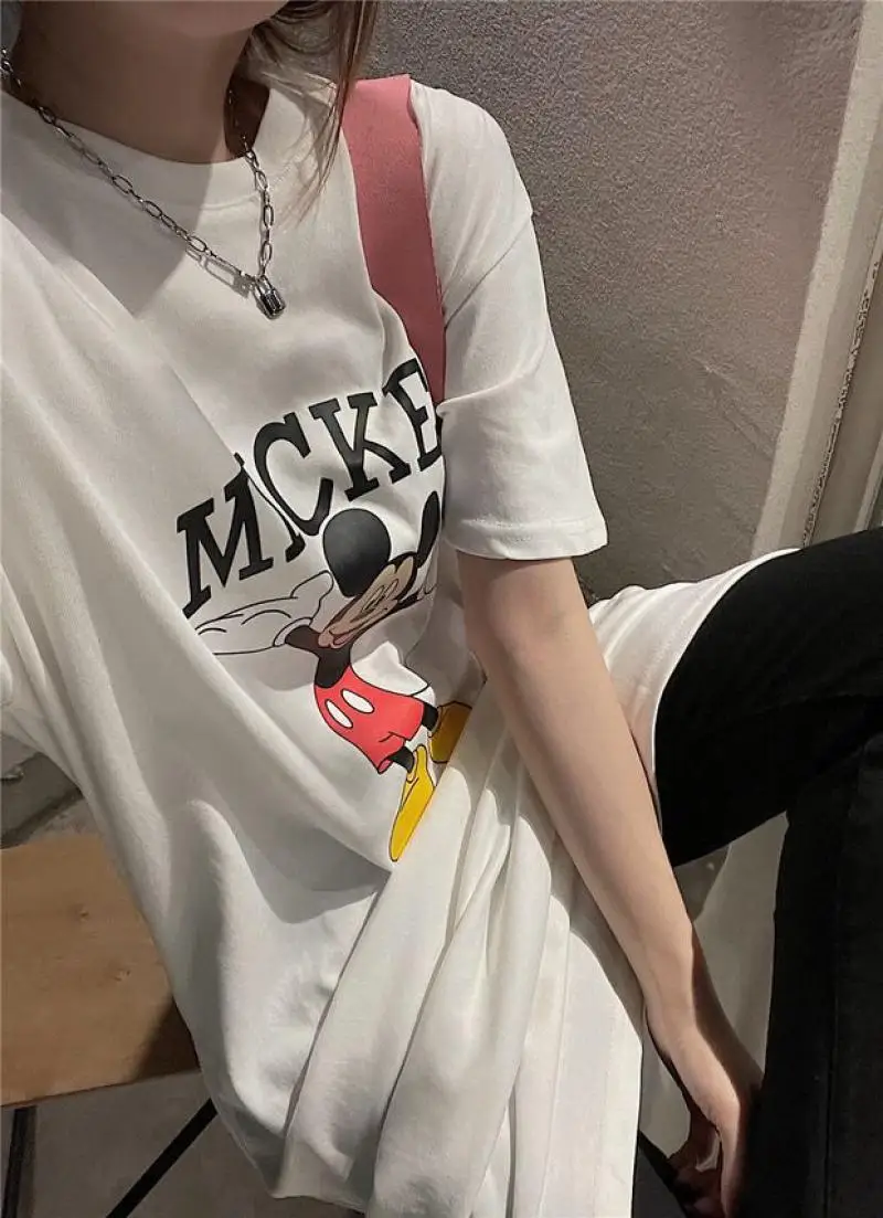 Korean Trend Summer New Women's Clothing Mickey Mouse Cartoon Loose Short Sleeve Over the Knee Long T-shirt Skirt Popularity