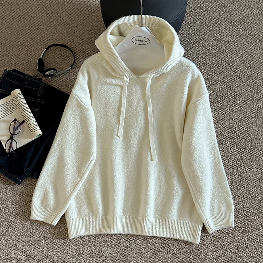 

2025 Autumn Winter Hooded Sweater Pullovers Women Simple Solid Knitted Warm Hoodies Casual All-Match High Grade Loose Sweaters